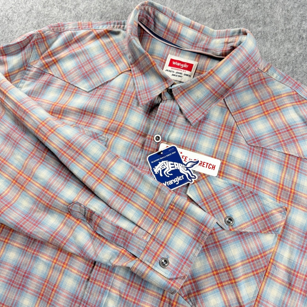 Wrangler Mens Western Snap Front Plaid Shirt 2XL Blue Orange Long Sleeve Stretch